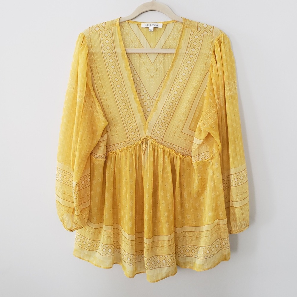 Rose & Olive Sheer Boho Top LG Babydoll Fairy Flowy Metallic Lightweight Yellow